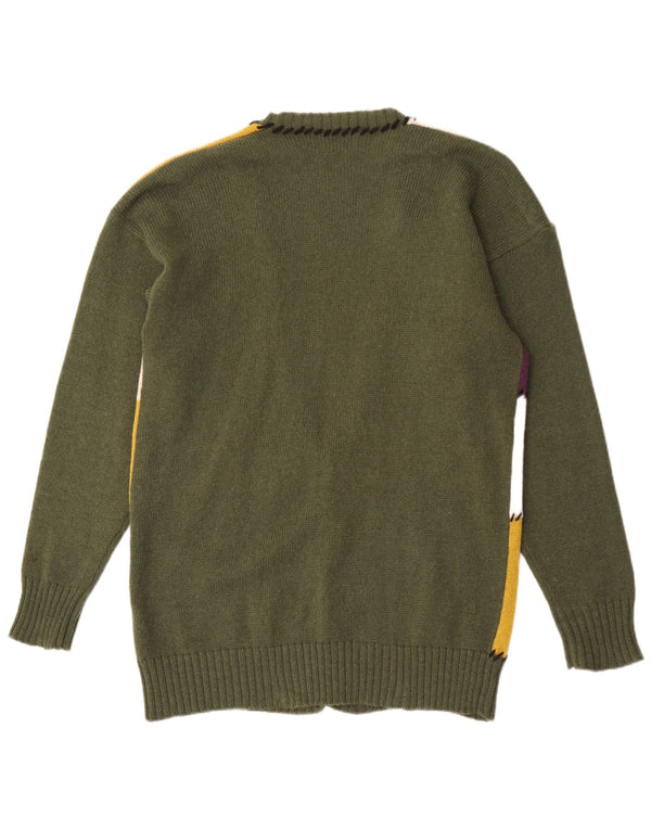 Vintage Damen Grafischer Cardigan Pullover UK 16 Große grüne Patchwork-Wolle