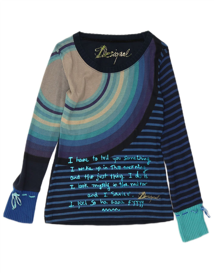 DESIGUAL Damen Graphic Top Langarm UK 12 Mittelblau gestreift Baumwolle
