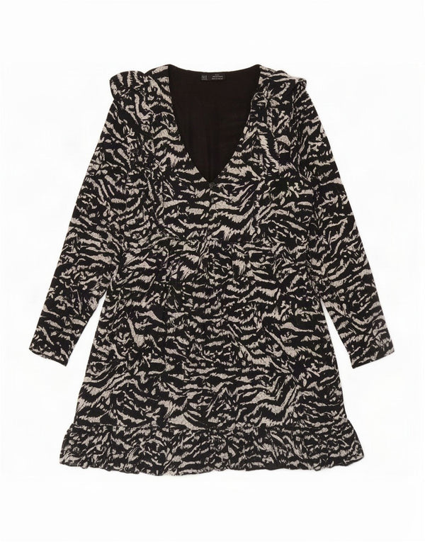 Langärmliges, gestuftes Damenkleid von Zara, Gr. 44, Größe L, Schwarz, Viskose mit Animal-Print