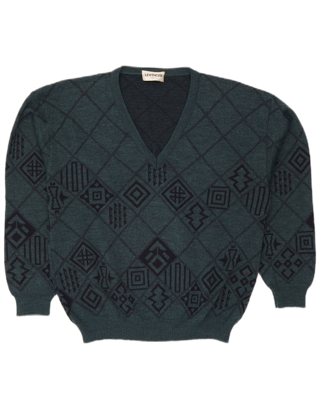 Lewinger Herren-Pullover mit V-Ausschnitt aus mittelgrüner, geometrischer Wolle