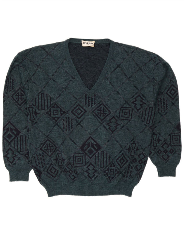 Lewinger Herren-Pullover mit V-Ausschnitt aus mittelgrüner, geometrischer Wolle