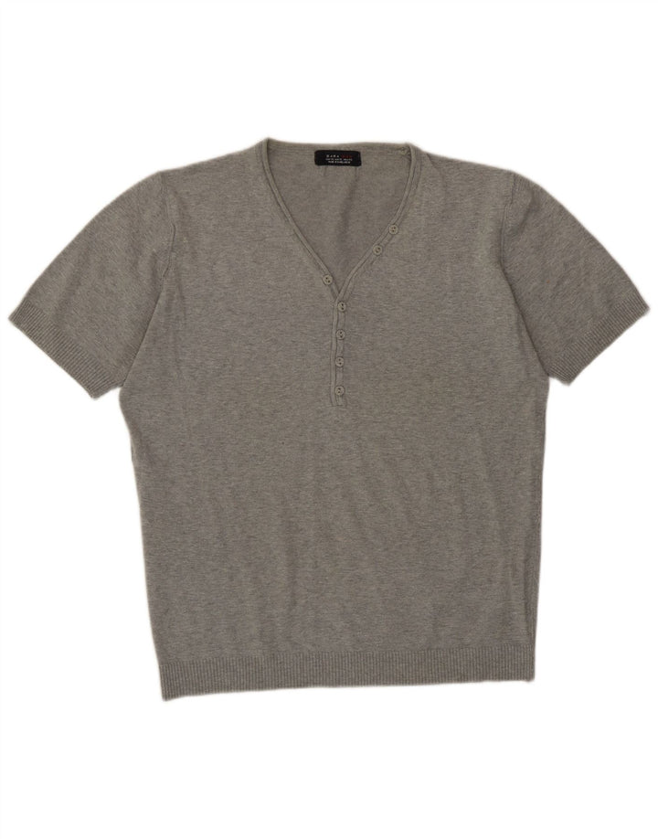 Zara Herren Kurzarmpullover mit V-Ausschnitt XL Grau