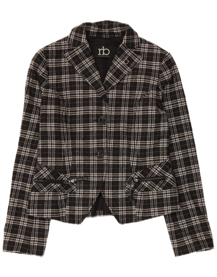 Roccobarocco Damen 2-Knopf-Blazerjacke IT 44 Mittelschwarz karierte Baumwolle