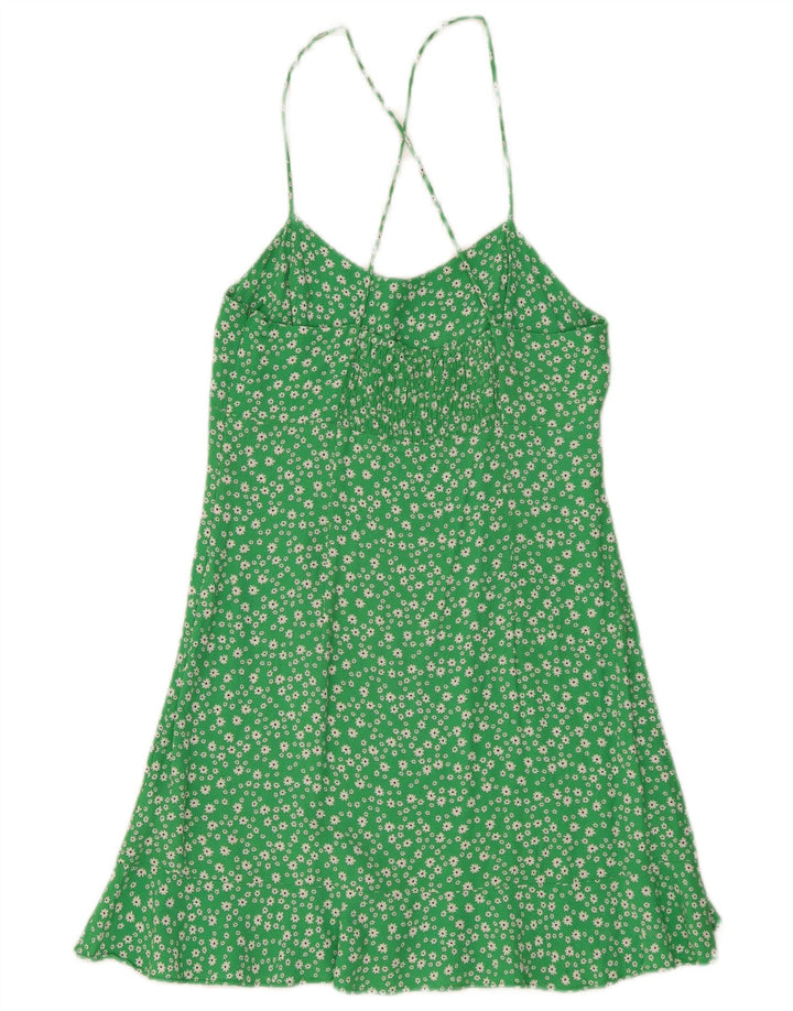 Zara Damen Sommerkleid UK 12 Mittelgrüne Viskose mit Blumenmuster