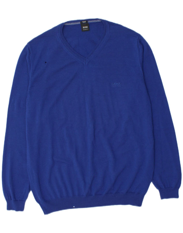 Hugo Boss Herren-Pullover mit V-Ausschnitt, XL, blaue Schurwolle