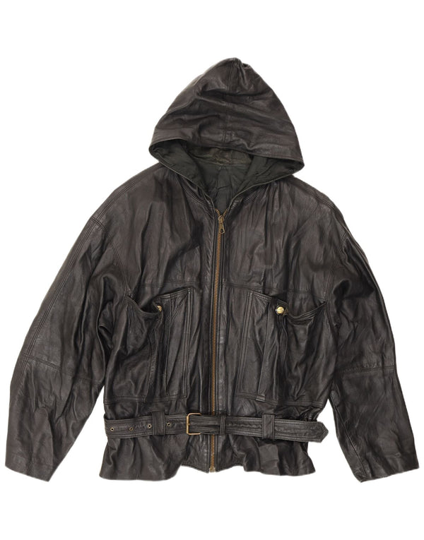 Vintage Herren Lederjacke mit Kapuze UK 42 XL Schwarz