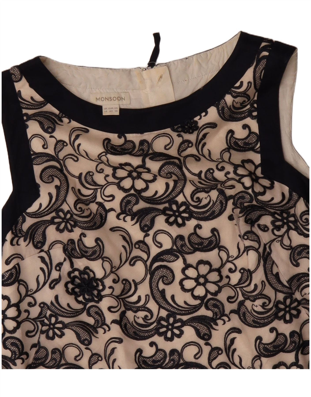 MONSOON Ärmelloses Damen-Etuikleid, Gr. 44, groß, beige, geblümtes Nylon