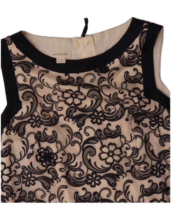 MONSOON Ärmelloses Damen-Etuikleid, Gr. 44, groß, beige, geblümtes Nylon