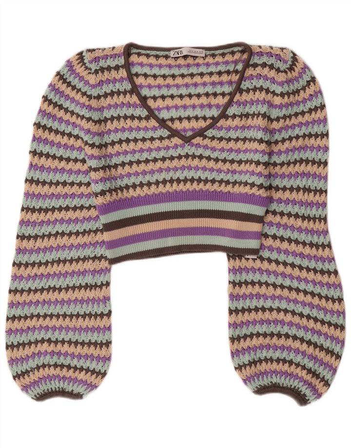 Zara Damen Crop V-Ausschnitt Pullover Pullover UK 12 Medium Mehrfarbig gestreift