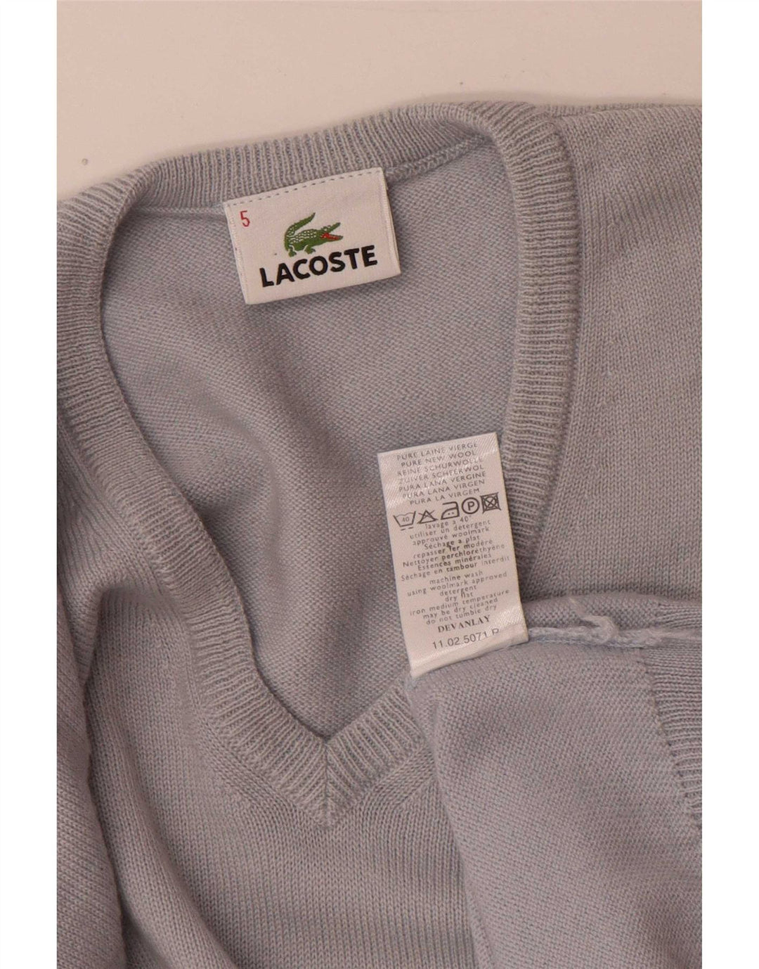 Lacoste Herren-Pullover mit V-Ausschnitt, Größe 5, große blaue Schurwolle