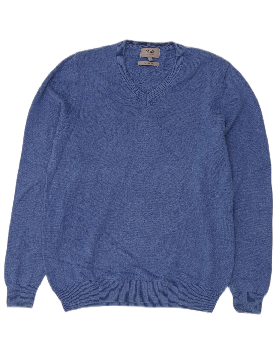 Marks & SPENCER Herren-Pullover mit V-Ausschnitt, mittelblaue Baumwolle