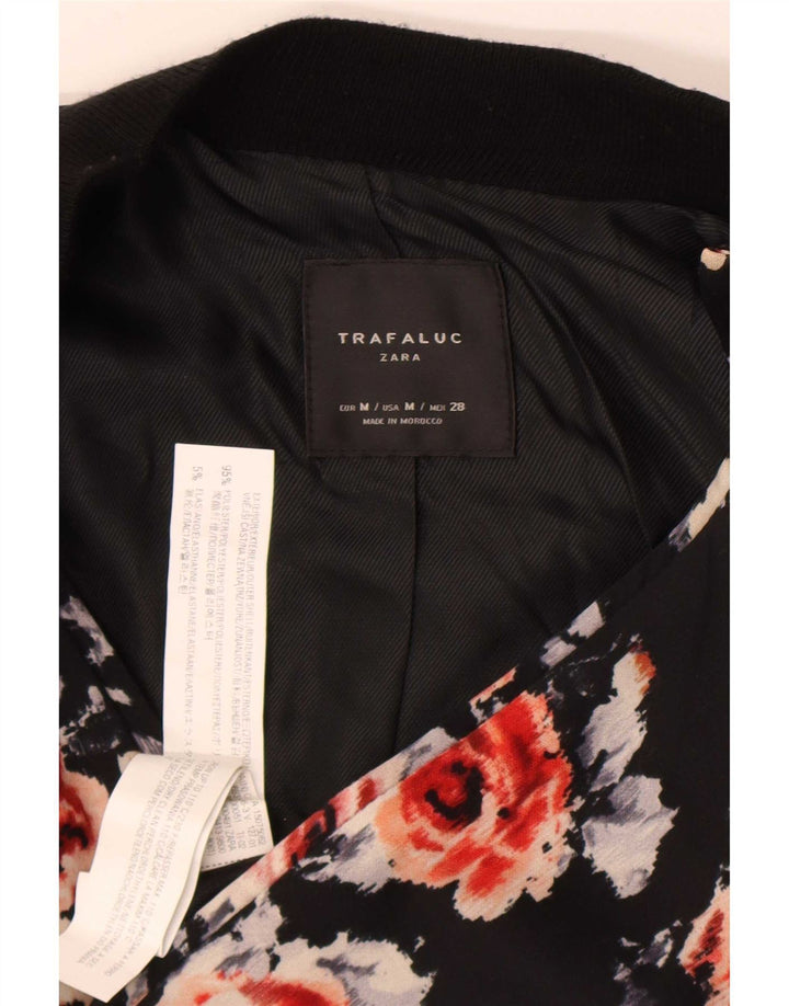 Zara Damen Bomberjacke UK 12 Mittelschwarzes geblümtes Polyester