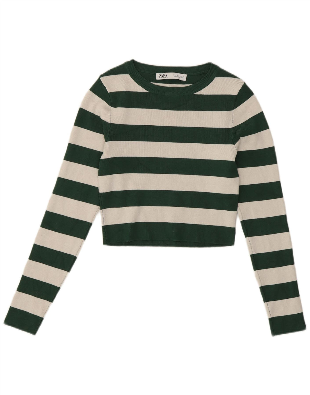 Zara Damen Crop Top Langarm UK 12 Mittelgrün gestreift Viskose