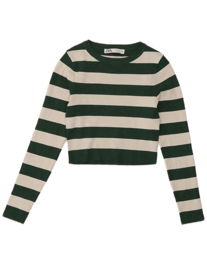 Zara Damen Crop Top Langarm UK 12 Mittelgrün gestreift Viskose