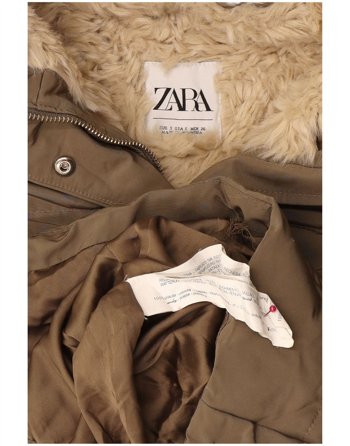Zara Damen Sherpa-Daunenjacke mit Kapuze, UK 10, Größe S, Khaki, Polyester