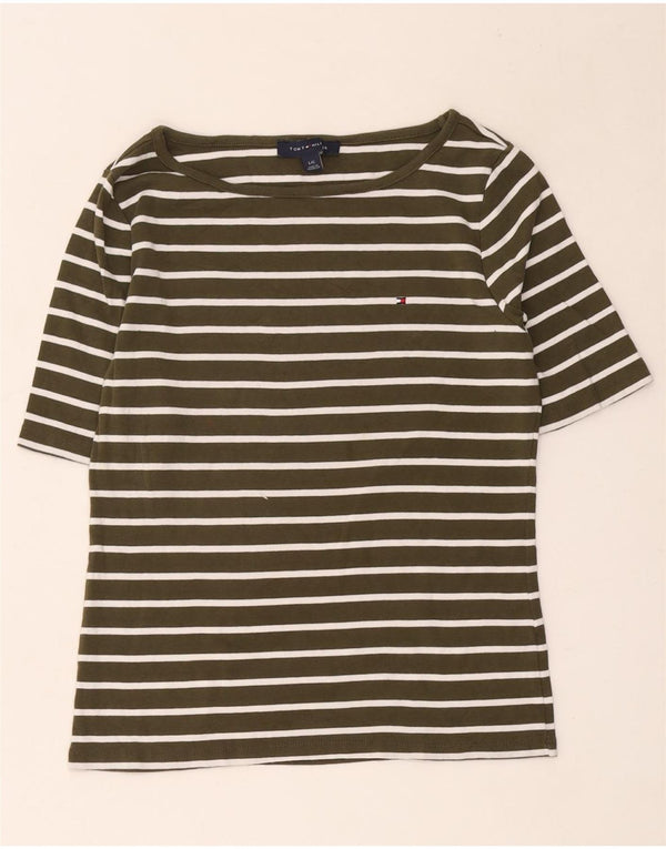 Tommy Hilfiger Damen T-Shirt Top UK 14 Large Khaki Gestreifte Baumwolle