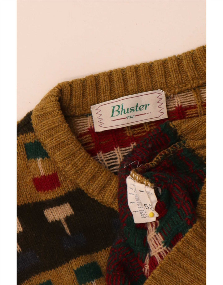 Bluster Herren-Pullover mit Rundhalsausschnitt, Größe 52, groß, braune, geometrische Wolle