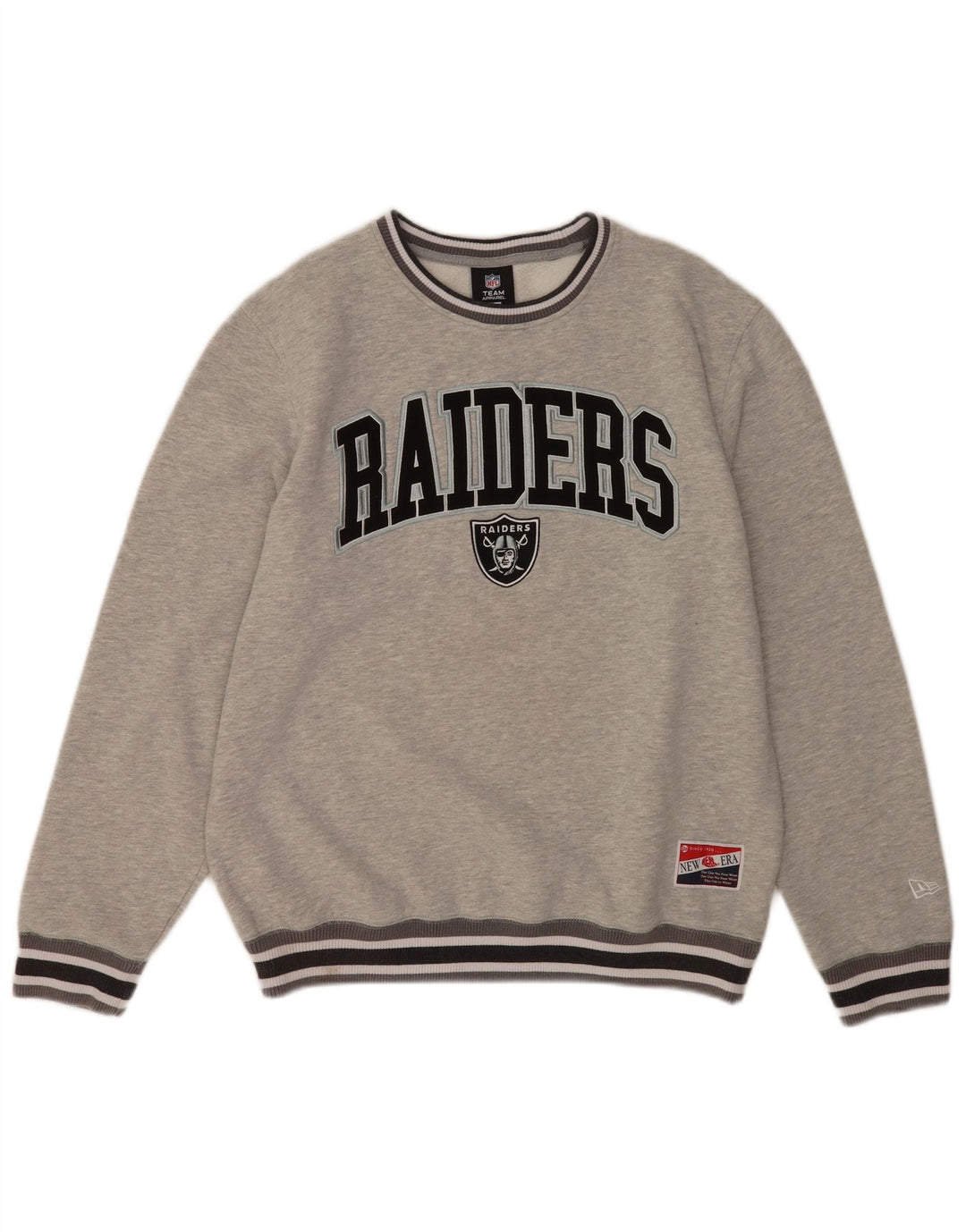 New Era Herren Raiders Grafik-Sweatshirt-Pullover aus mittelgrauer, gestreifter Baumwolle