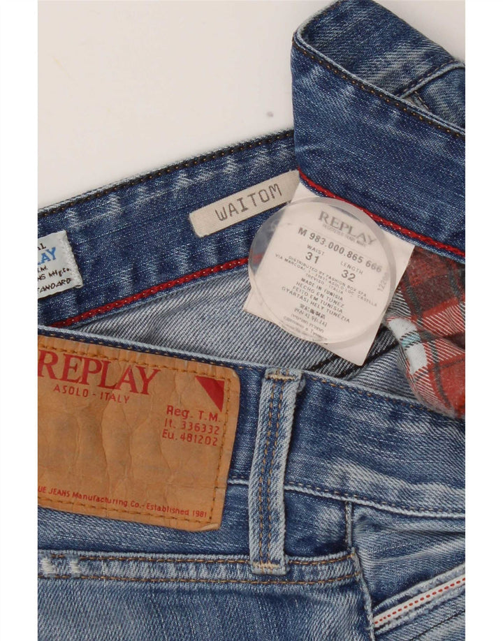 Replay Herren Waitom Distressed Straight Jeans W31 L32 Blaue Baumwolle
