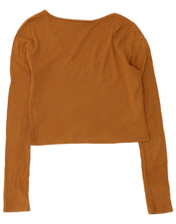 Zara Damen Crop Top Langarm UK 10 Small Braune Baumwolle