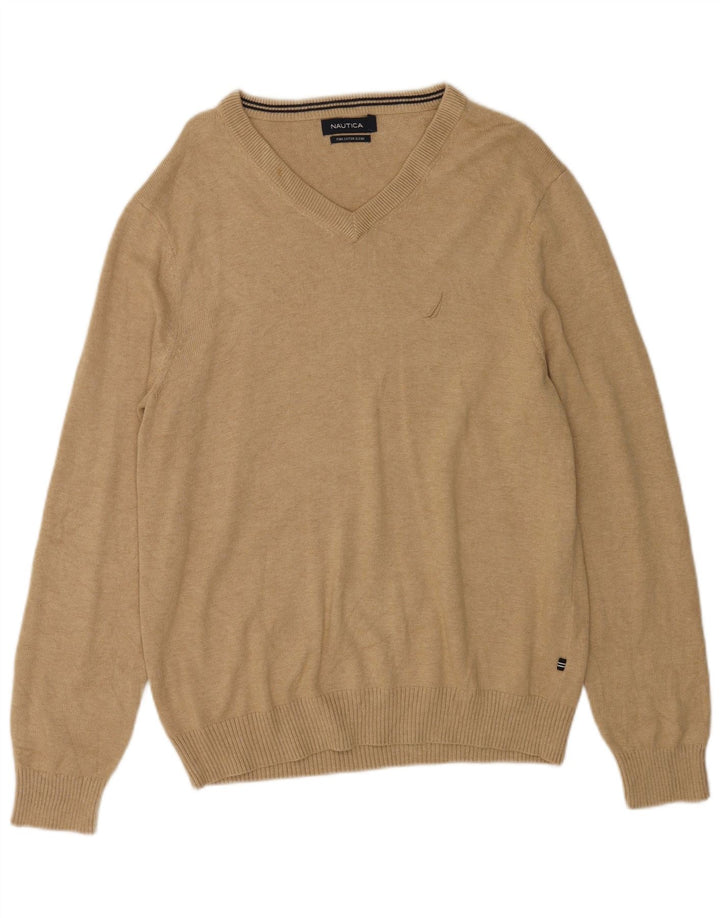 NAUTICA Herren-Pullover mit V-Ausschnitt, mittelbeige Baumwolle