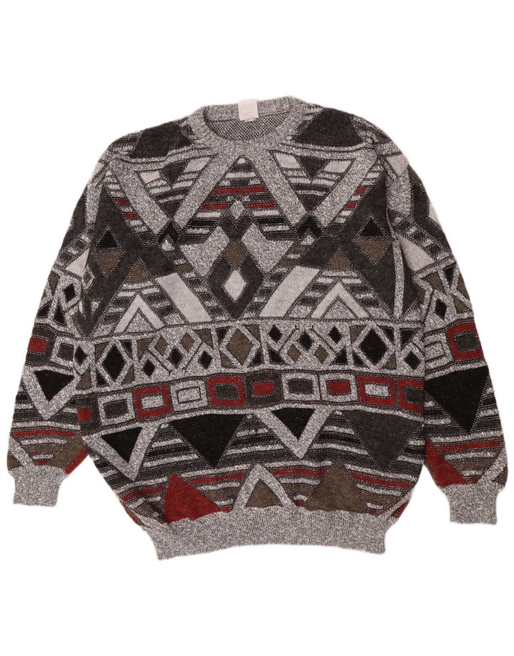 Vintage Herren Rundhalspullover Pullover UK 38/40 Mittelgrau Geometrisch