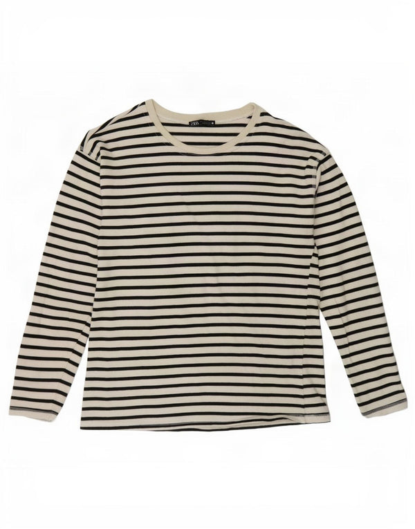 Zara Damen Top Langarm UK 10 Small Weiß gestreift Baumwolle