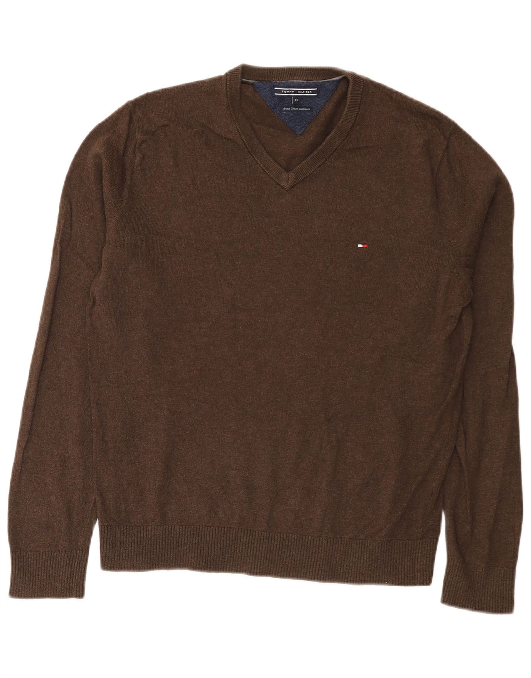 Tommy Hilfiger Herren-Pullover mit V-Ausschnitt aus mittelbrauner Baumwolle