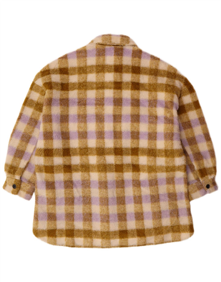 Übergroße Fleecejacke für Damen von Zara, UK 10, Größe S, beige, kariertes Polyester