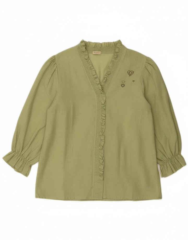 Vintage Damen Bluse mit 3/4-Ärmeln und Rüschen vorne, EU 40, mittleres Khaki-Herz