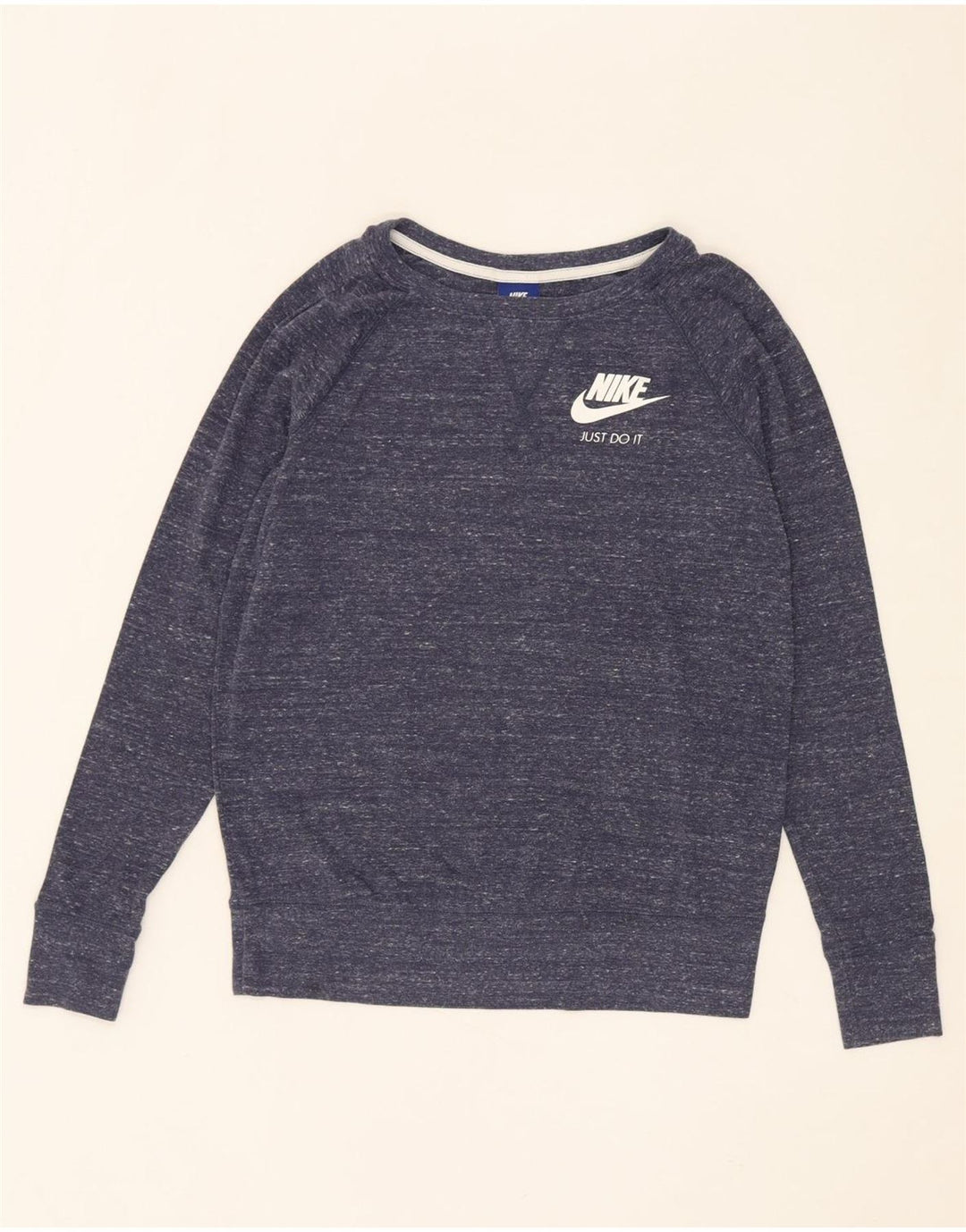 NIKE Womens Graphic Sweatshirt Jumper UK 14 Medium Navy Blue Flecked Vintage Nike and Second-Hand Nike from Messina Hembry 