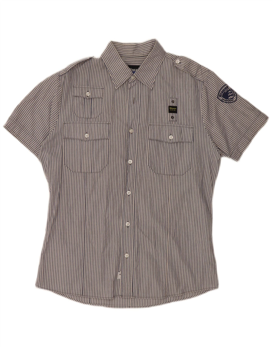 BLAUER Herren-Militär-Kurzarmhemd, groß, blaue Nadelstreifen-Baumwolle