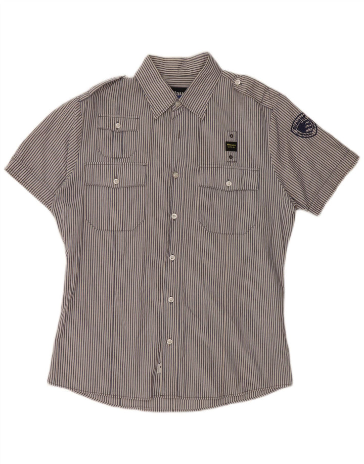 BLAUER Herren-Militär-Kurzarmhemd, groß, blaue Nadelstreifen-Baumwolle