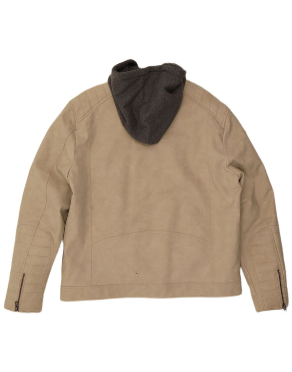 Guess Herren-Racer-Jacke aus Kunstleder mit Kapuze, UK 42, Größe L, Beige, Farbblock