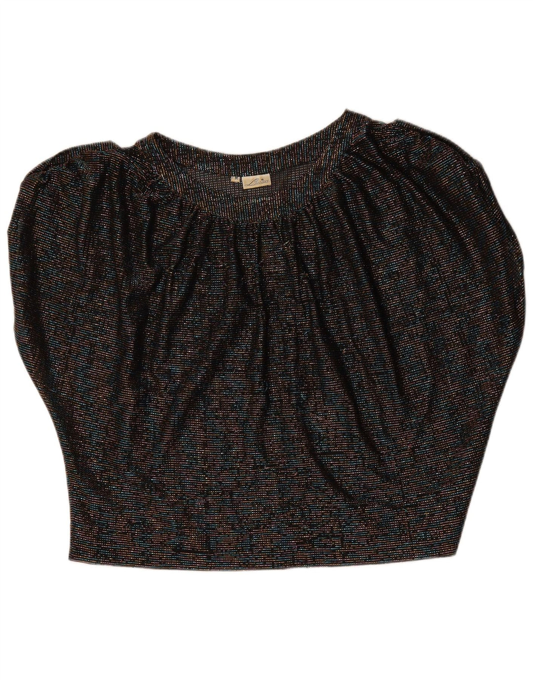 Vintage Damen Crop Batwing Bluse Top UK 14 Medium Schwarz gefleckt
