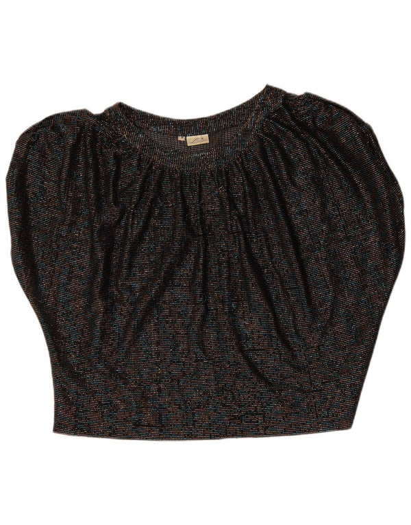 Vintage Damen Crop Batwing Bluse Top UK 14 Medium Schwarz gefleckt