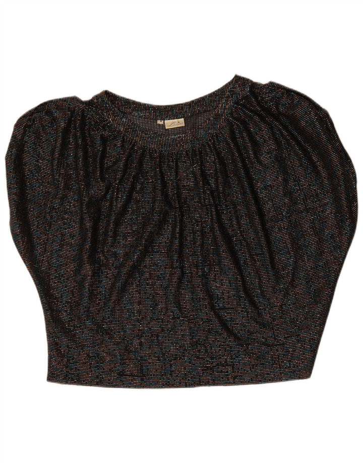 Vintage Damen Crop Batwing Bluse Top UK 14 Medium Schwarz gefleckt