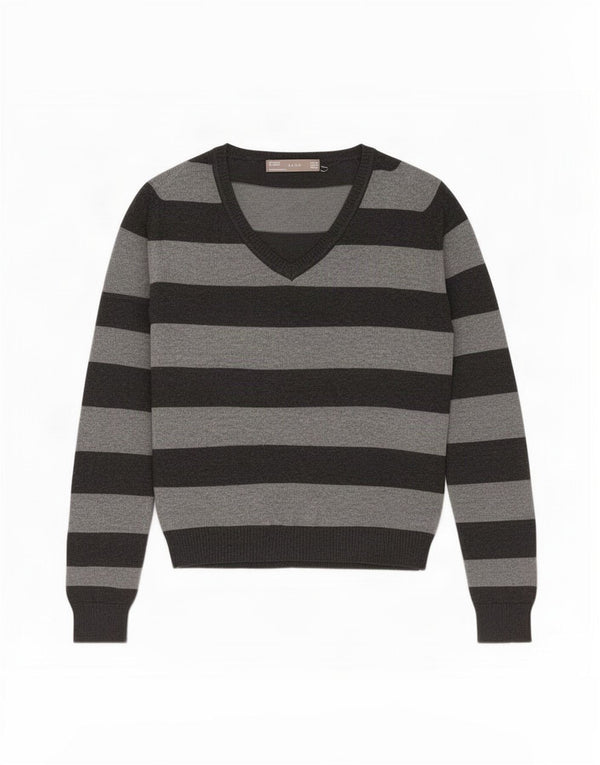 Zara Damen-Pullover mit V-Ausschnitt, UK 12, mittelgrau, gestreift, Baumwolle