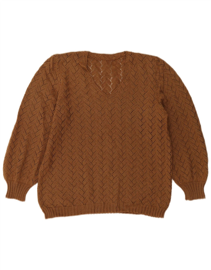 Vintage Damen V-Ausschnitt Pullover Pullover UK 14 Mittelbraun