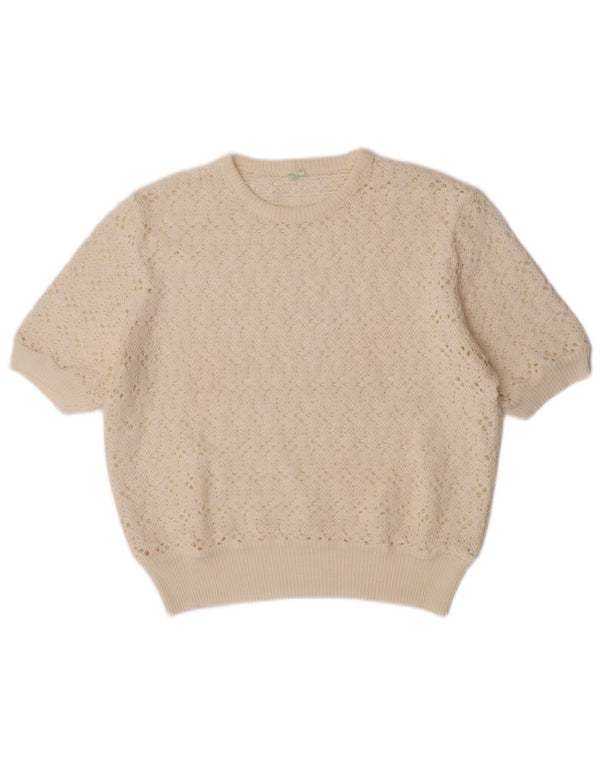 Vintage Damen Kurzärmeliger Pullover mit Rundhalsausschnitt UK 12 Medium Off White