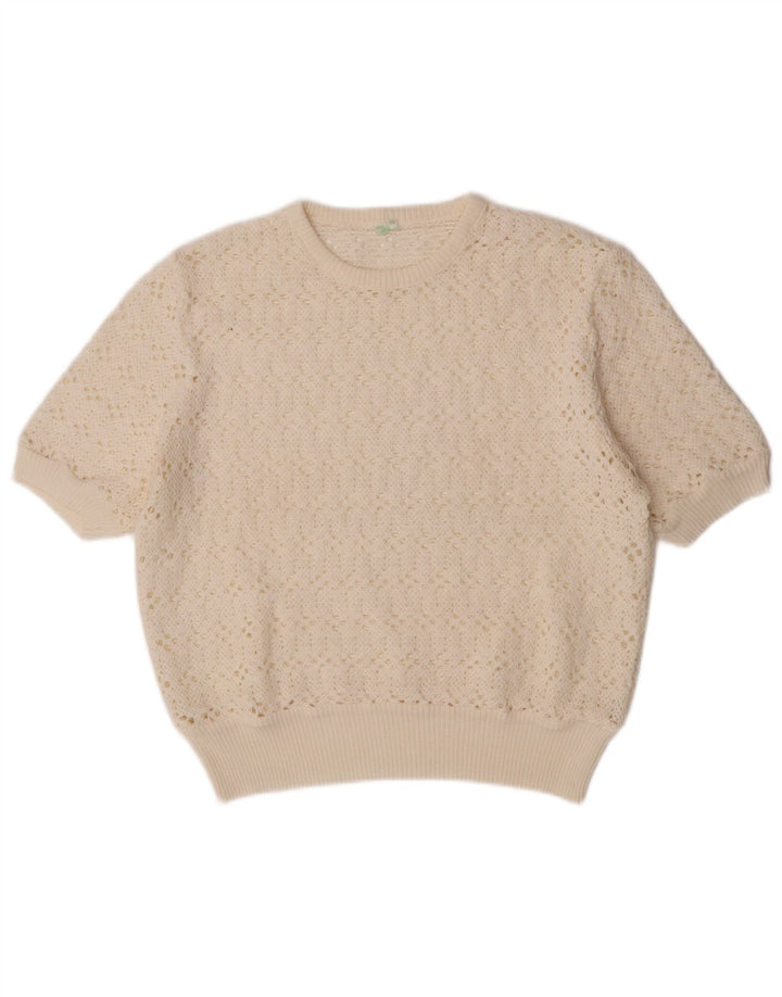 Vintage Damen Kurzärmeliger Pullover mit Rundhalsausschnitt UK 12 Medium Off White