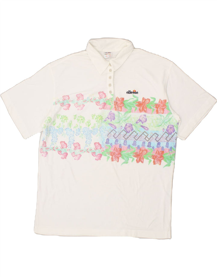 ELLESSE Womens Graphic Polo Shirt UK 14 Medium White Vintage Ellesse and Second-Hand Ellesse from Messina Hembry 