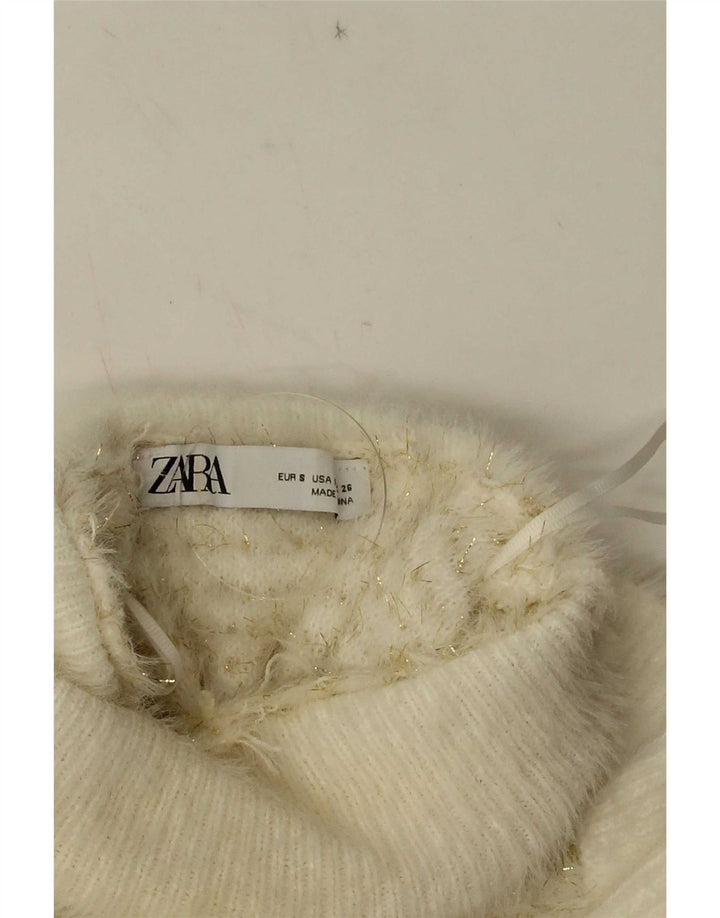 Zara Damen-Pullover mit Rüschen vorne und Rollkragen, Gr. 10, klein, weiß gestreift
