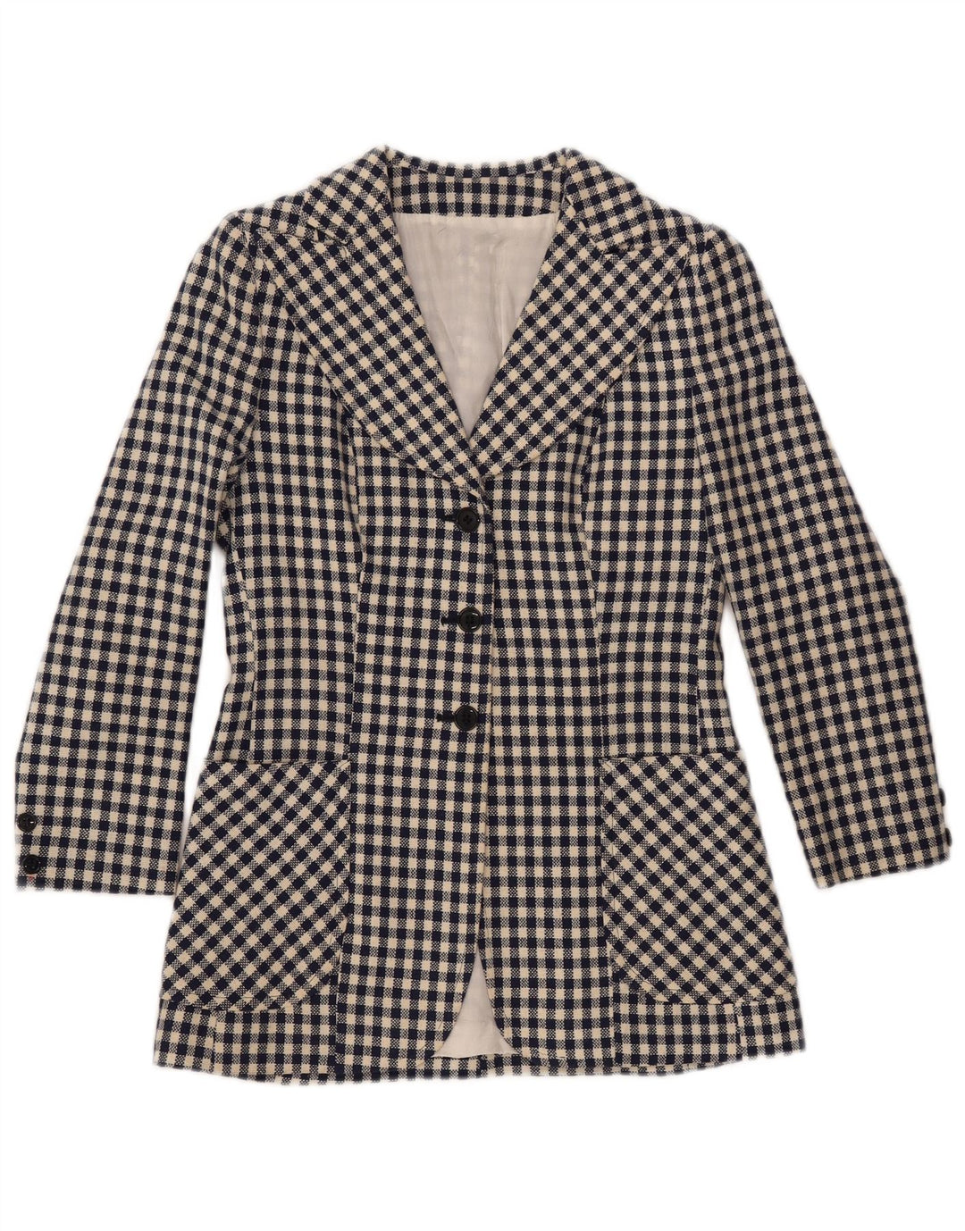 VINTAGE Damen 3-Knopf-Blazerjacke UK 10 Small Navy Blue Gingham