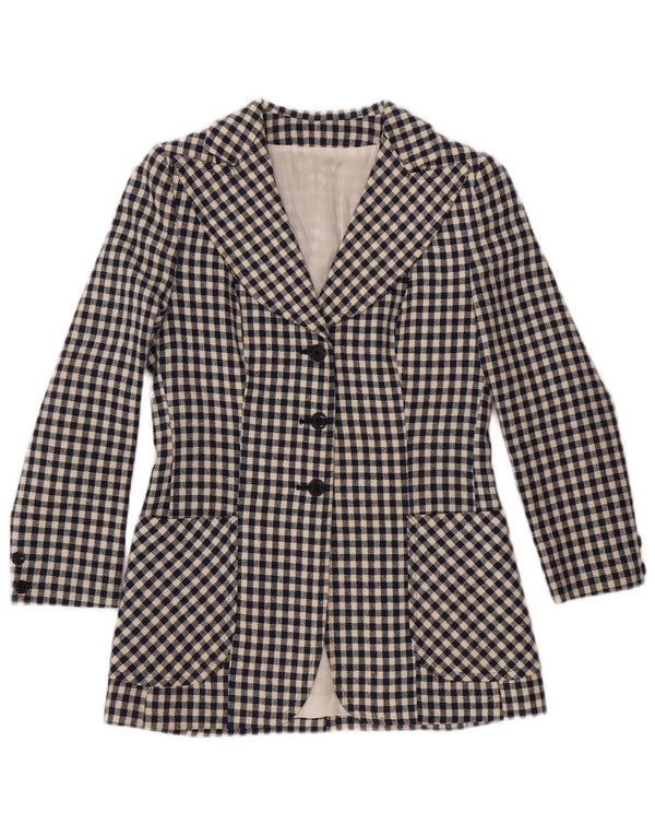 VINTAGE Damen 3-Knopf-Blazerjacke UK 10 Small Navy Blue Gingham