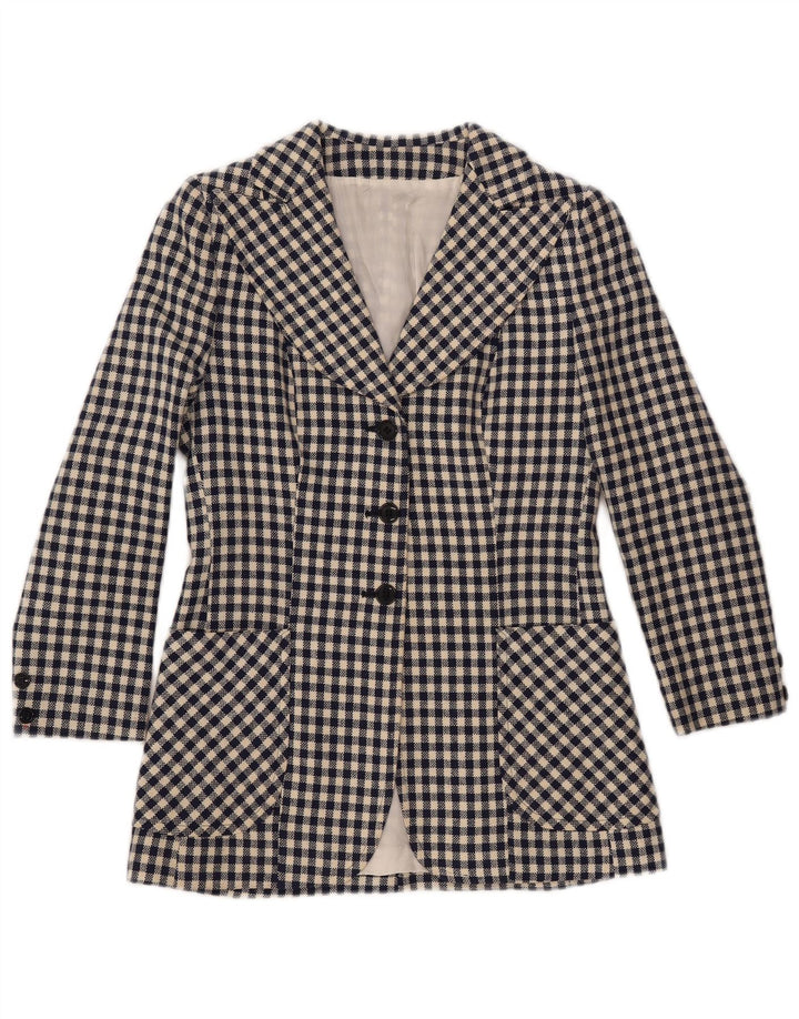 VINTAGE Damen 3-Knopf-Blazerjacke UK 10 Small Navy Blue Gingham