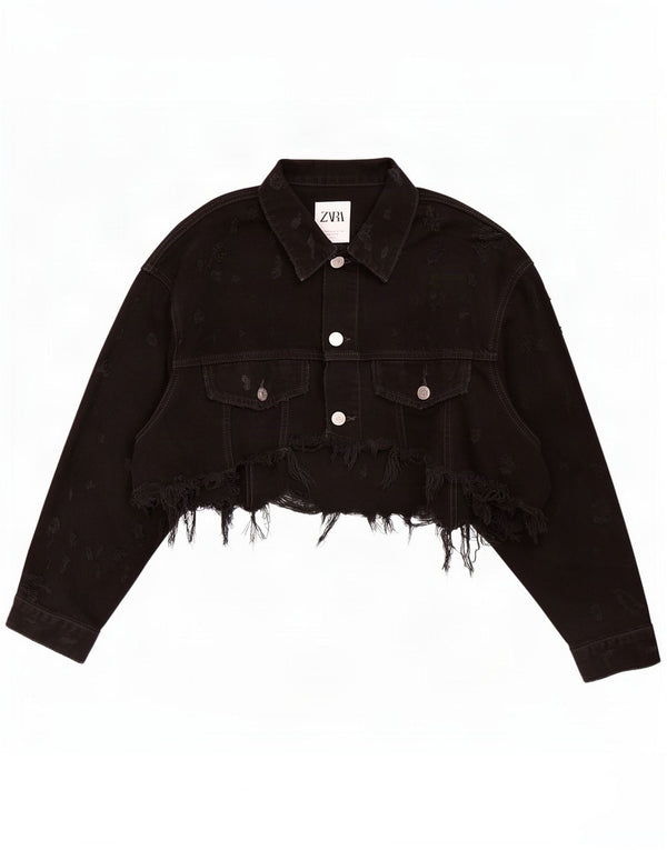 Zara Damen Crop Jeansjacke UK 12 Medium Schwarz