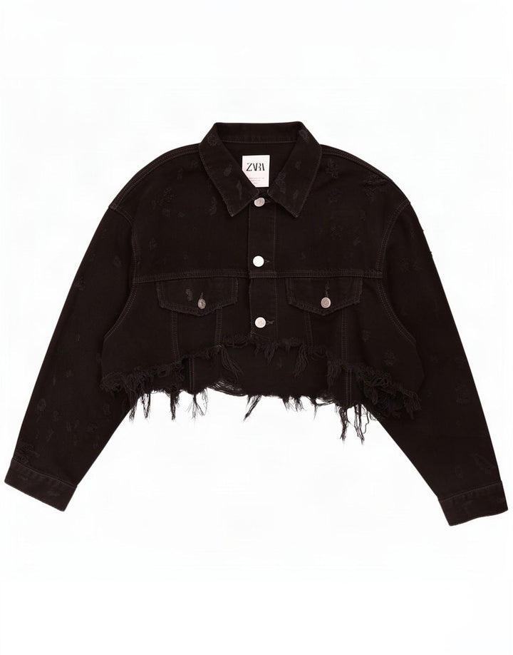 Zara Damen Crop Jeansjacke UK 12 Medium Schwarz
