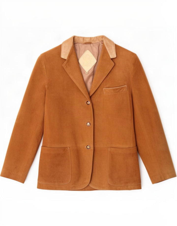 Vintage Damen 3-Knopf-Wildleder-Blazer-Jacke IT 44 Mittelbeige Farbblock
