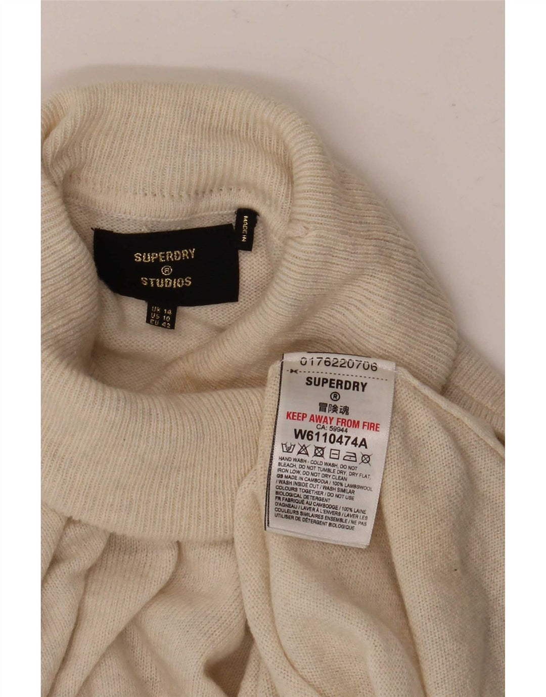 Superdry Damen-Pullover mit Rollkragen, übergroß, Beige, Wolle, UK 14, Größe L